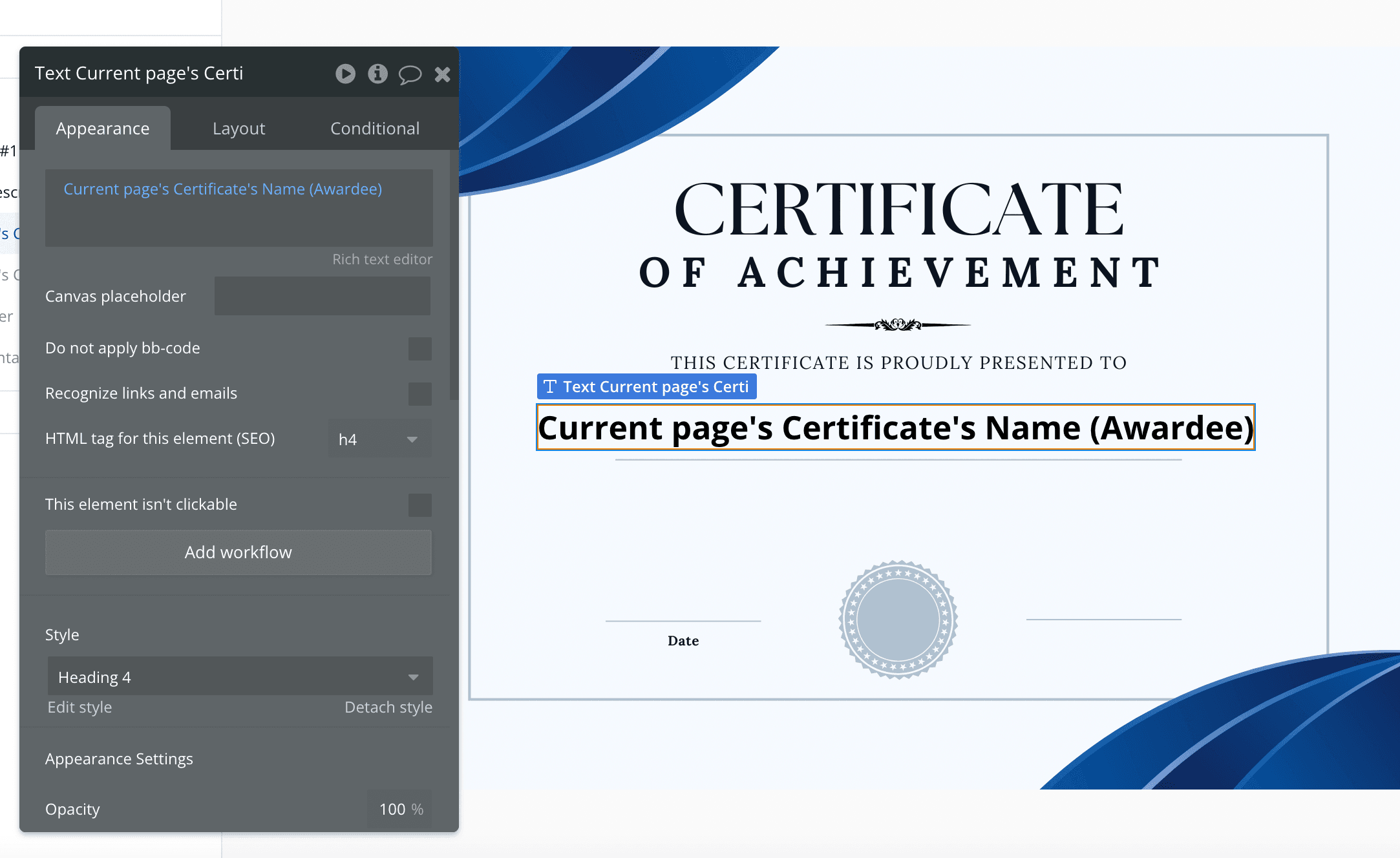 Certificate with dynamic data