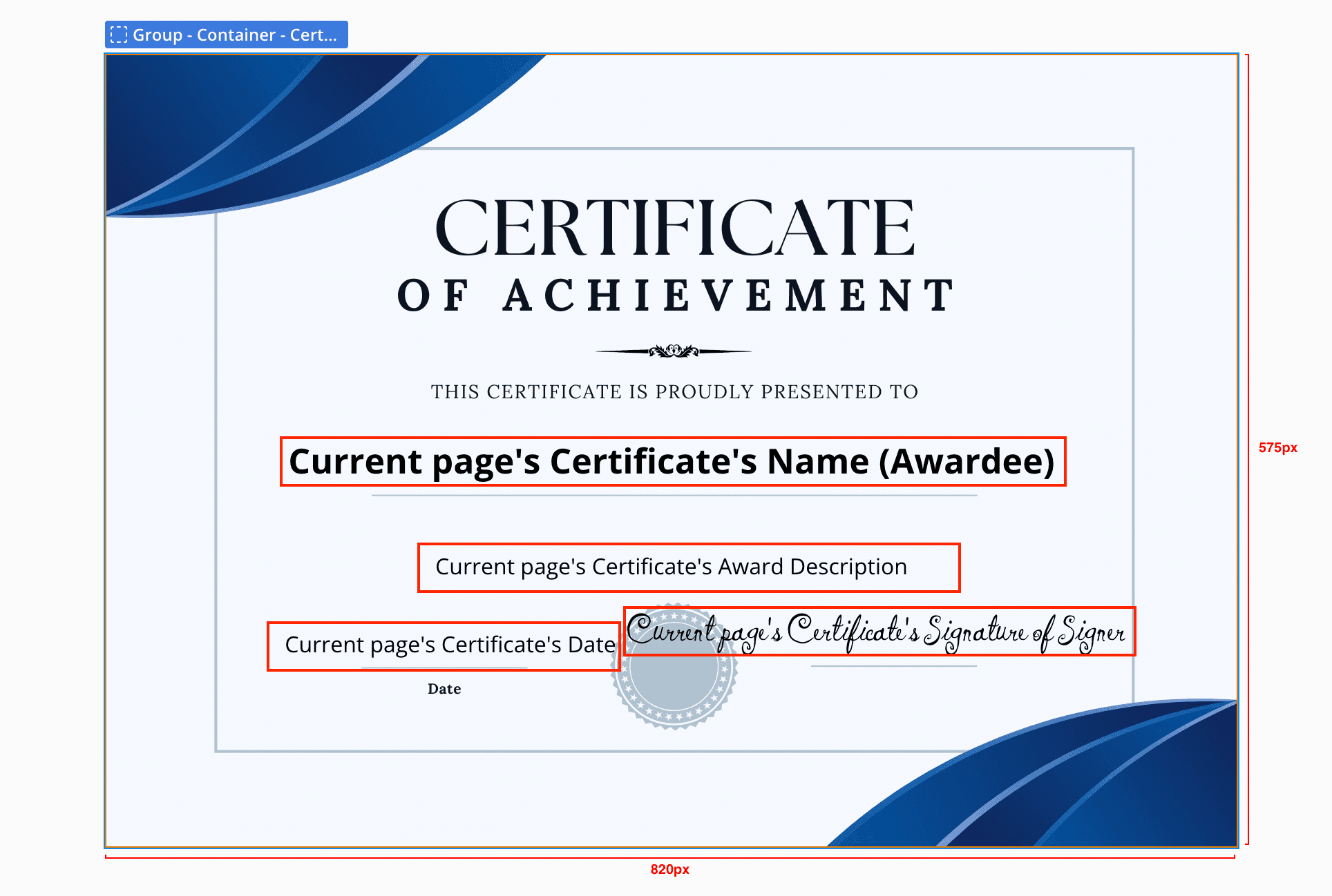 Dynamic text elements on certificate page