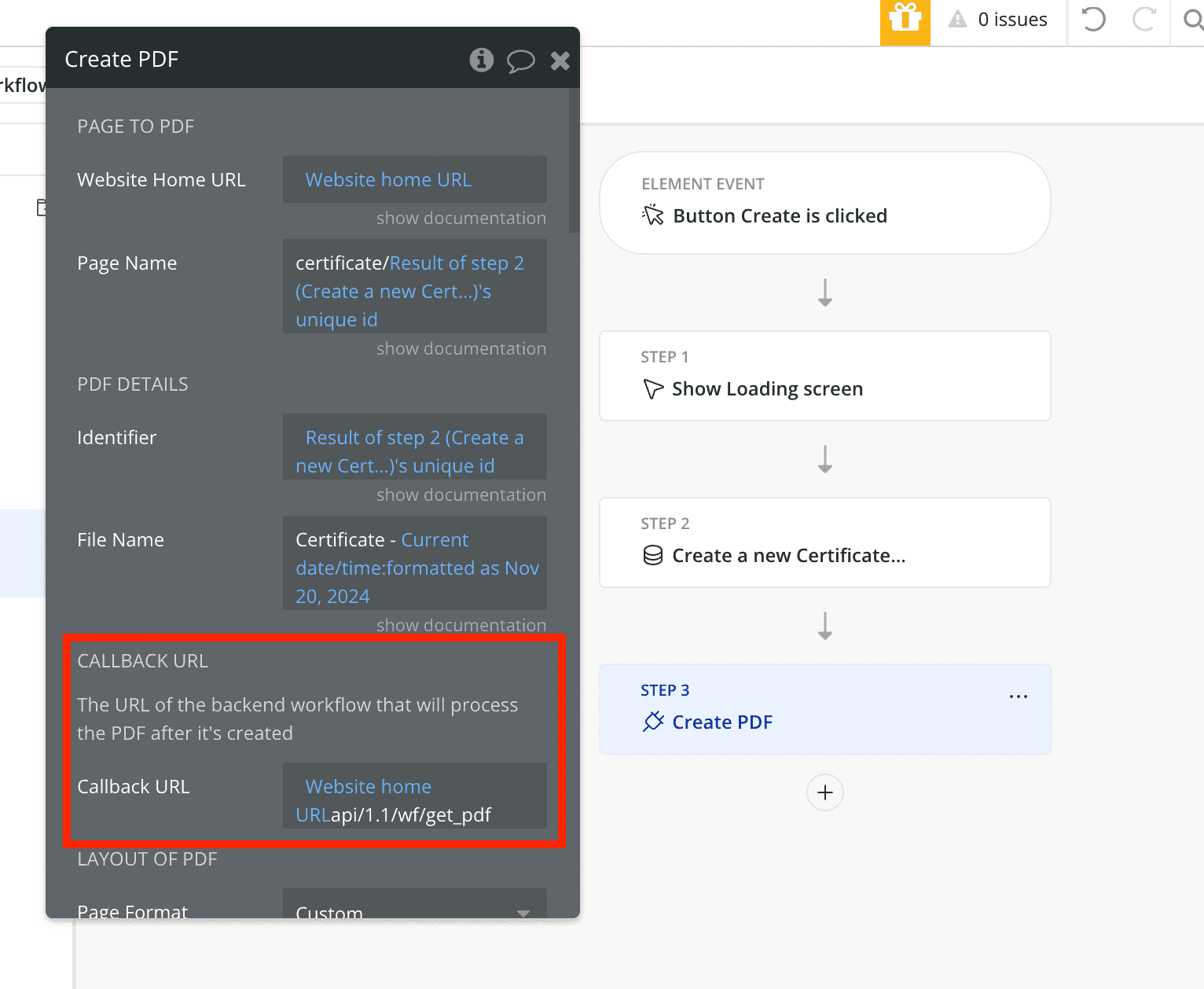 Callback URL - Create PDF