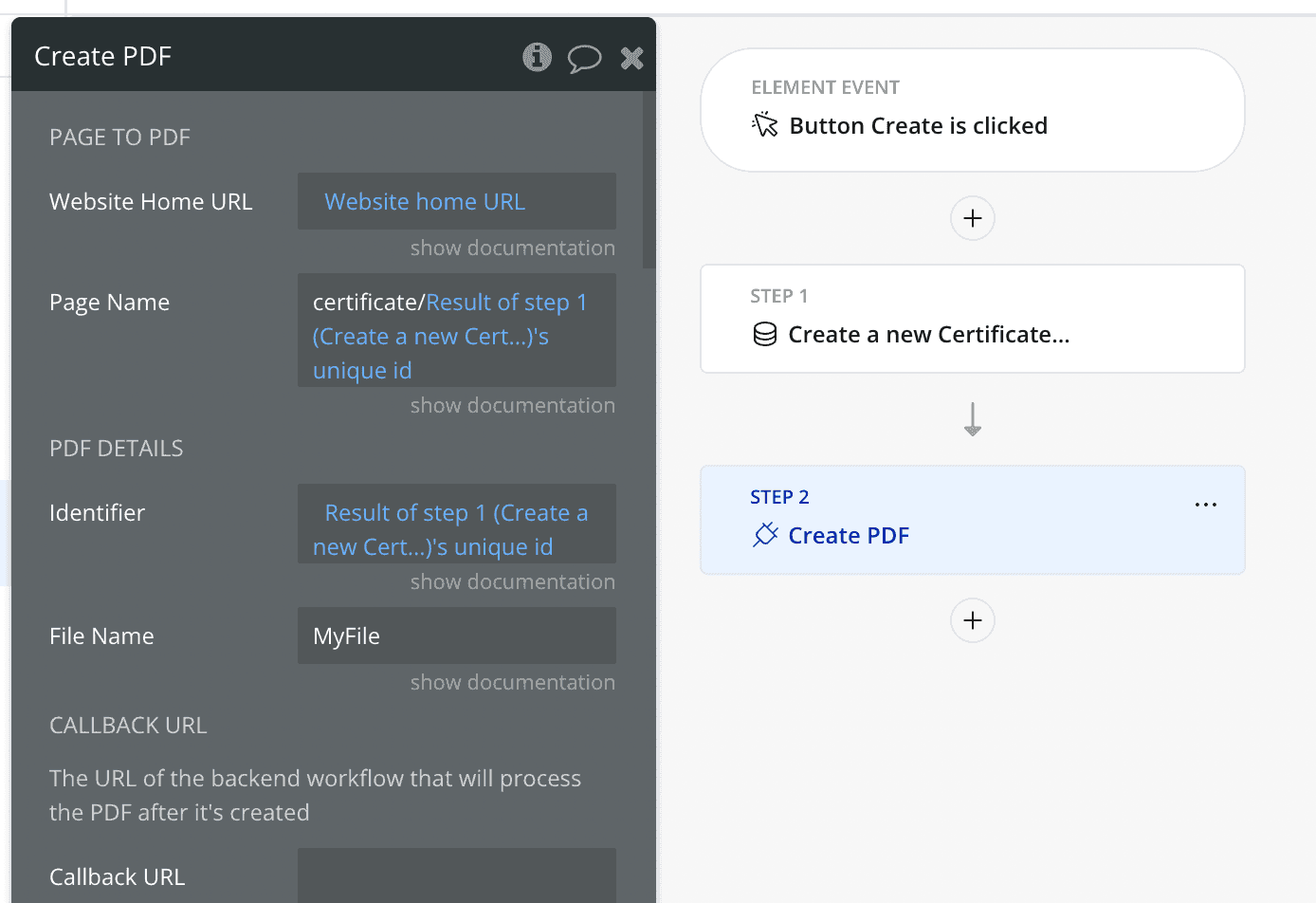 Create PDF action for certificate