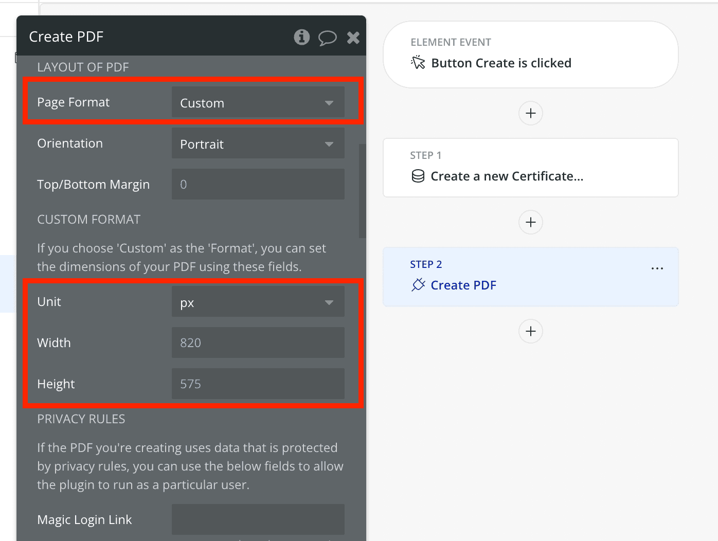 Custom dimensions on certificate