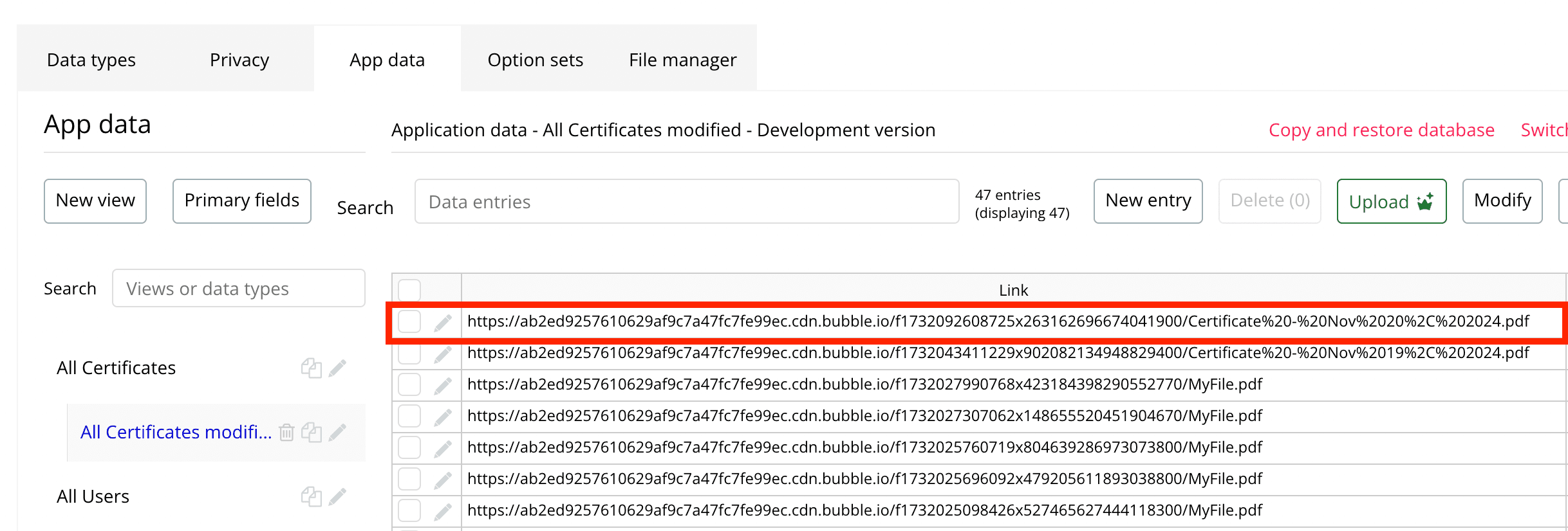 Certificate link in Bubble database