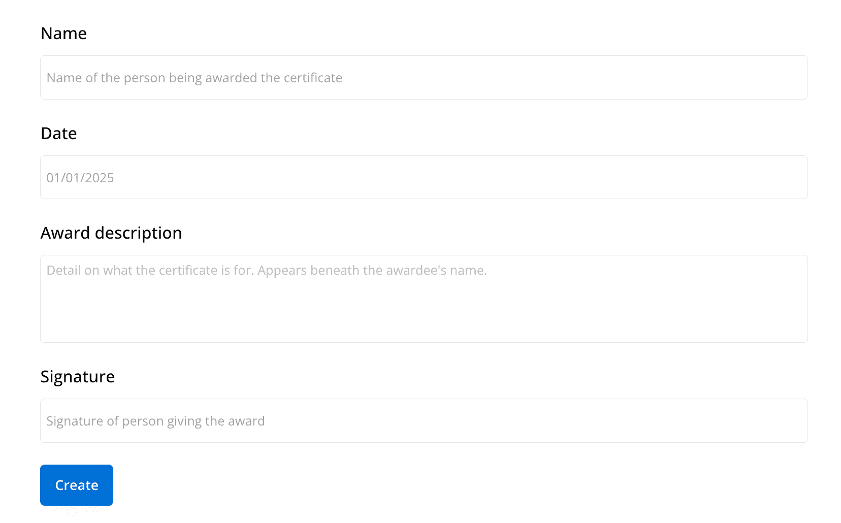 Certificate input fields