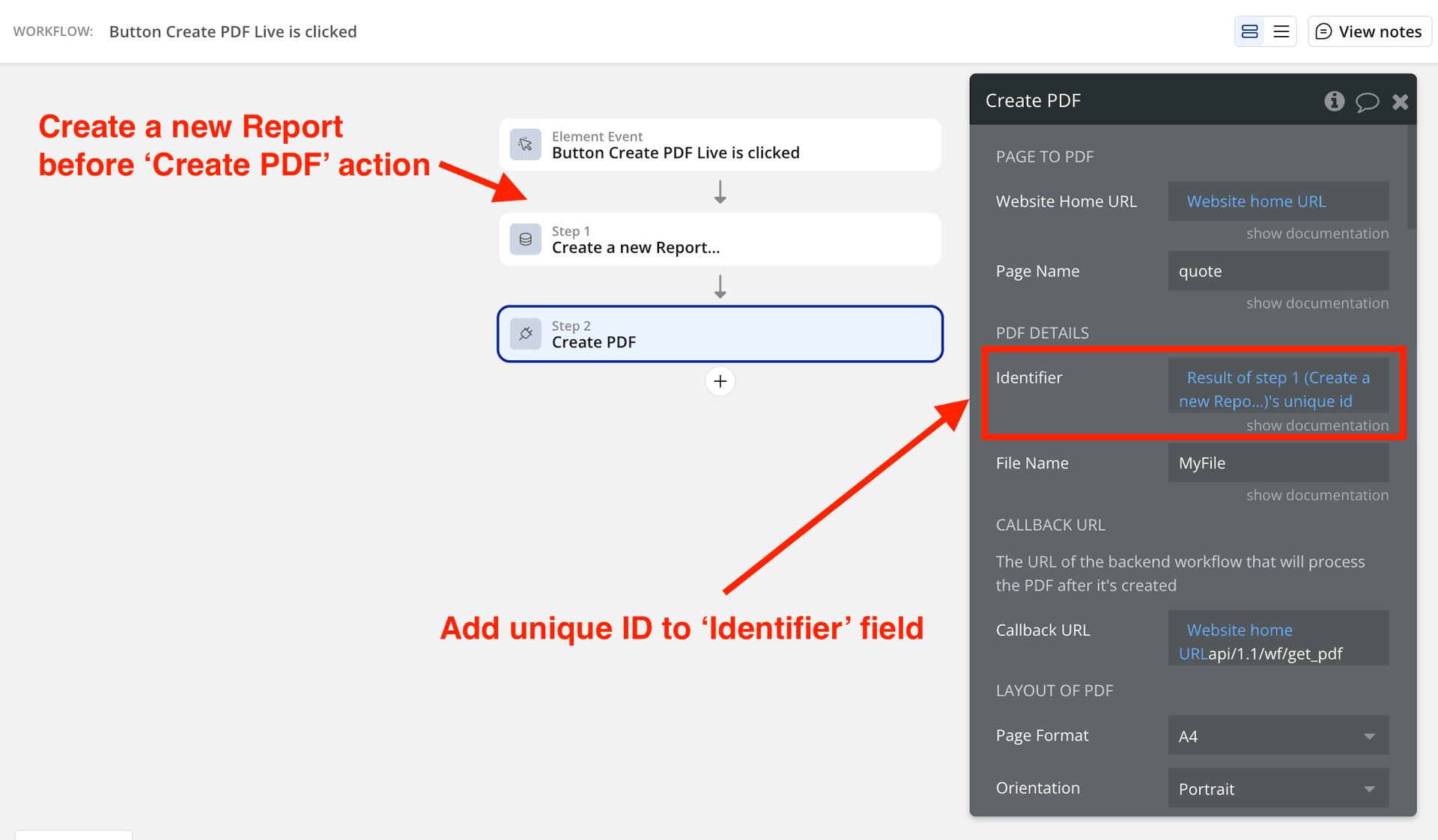 Create PDF action