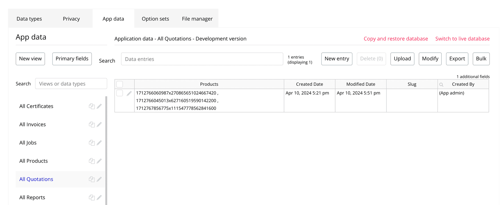 Quotation entry in database