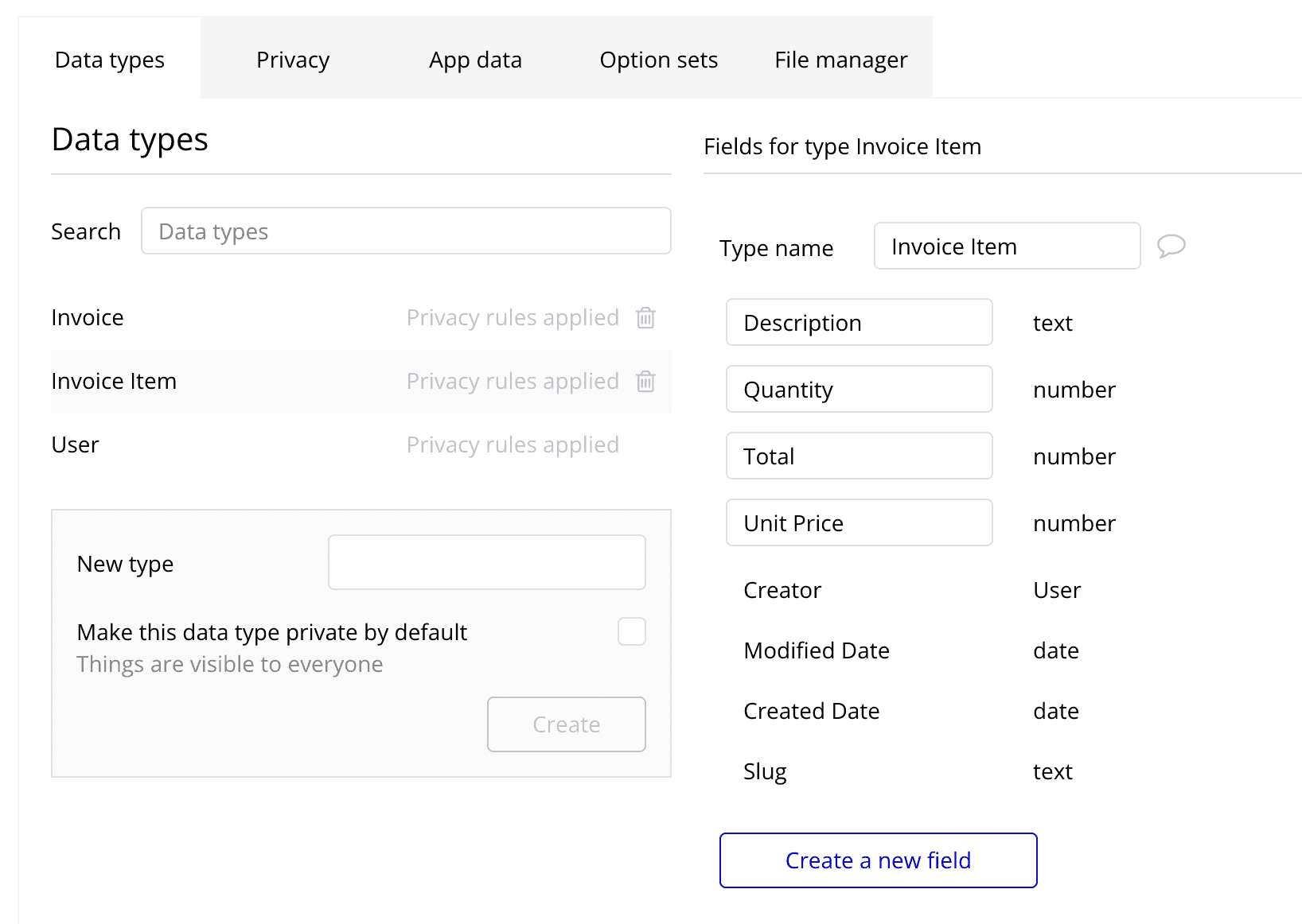 Invoice Item Data Type - PDF Potion - Bubble.io